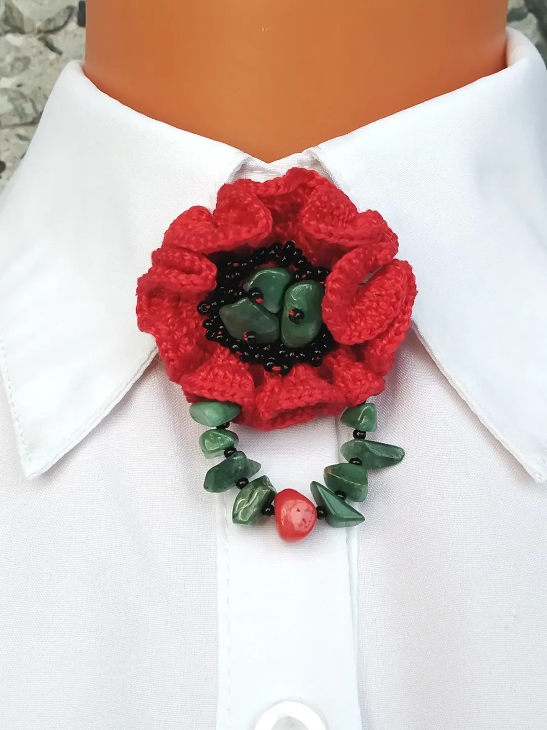 August birth flower. Poppy brooch crochet. Red poppy pin for collar. Neck brooch for women. Floral brooch tie