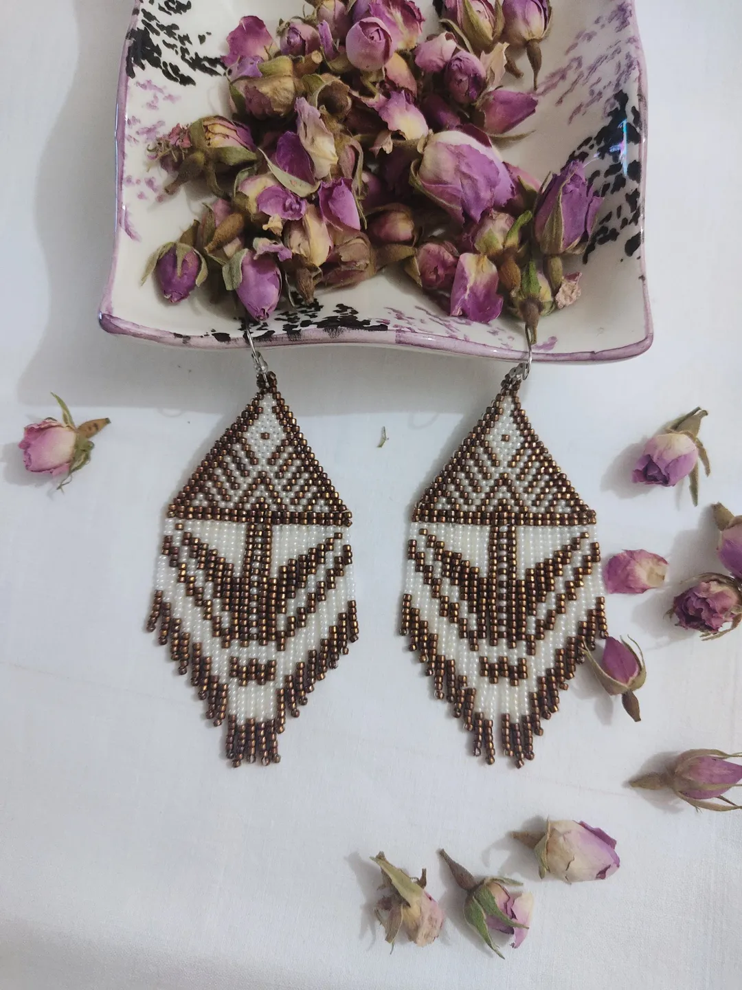 Bronze Fringe Earrings, Beaded Earrings, White Gold Fringe Earrings, Chandelier Earrings, Statement earrings,Gift For Her, Seed Bead earring