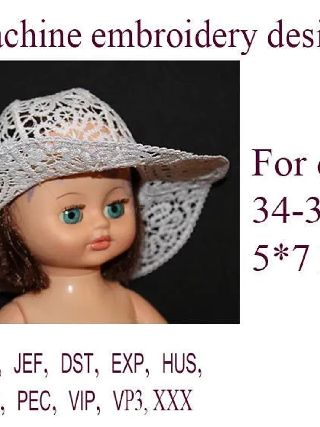 Embroidery designs Lace hat for doll FSL in the hoop embroidery projects