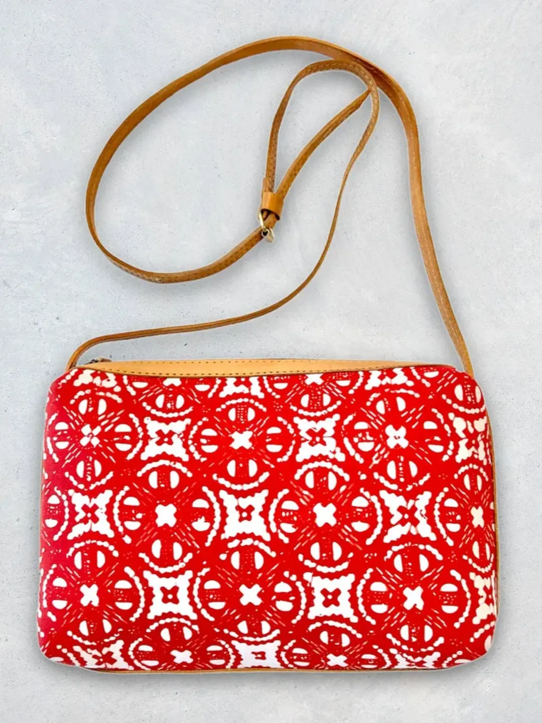 Boho Chic Batik Crossbody Bag | Red Batik and Leather Bag
