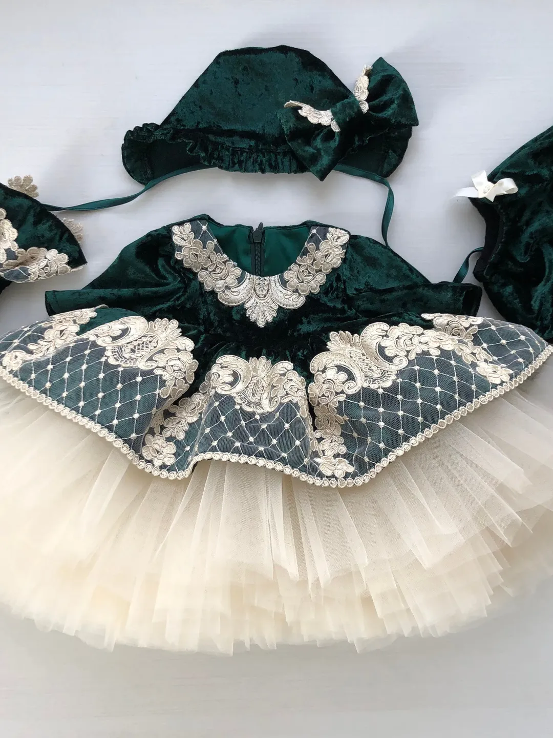 Green dress with light beige lace, bonnet and panties for baby girl. Photo props for baby girl.
