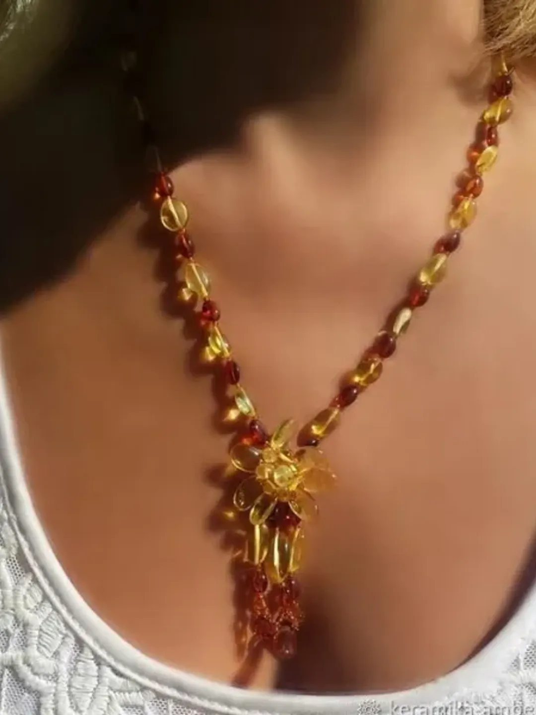 Amber Necklace with Flower Pendant Unique Holiday Jewelry Baltic Amber Yellow Cognac Gemstone Beaded necklace for women