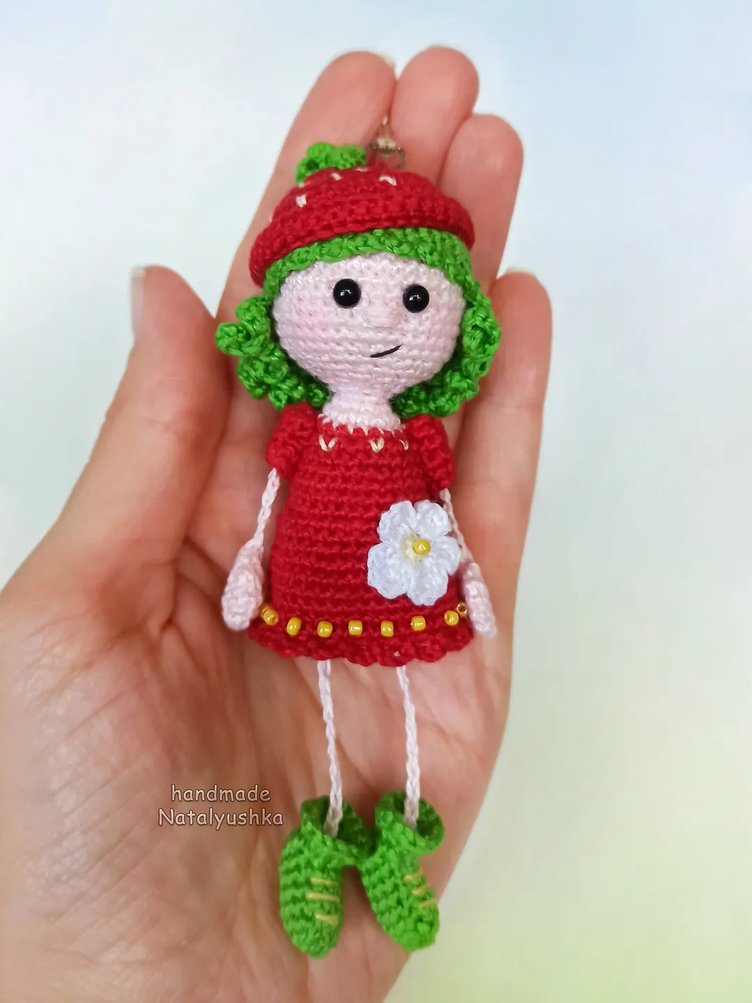 Little Doll Strawberry, handmade keyring, Girl nursery decor, Crochet doll berry, Summer pocket doll, Car mirror hanging