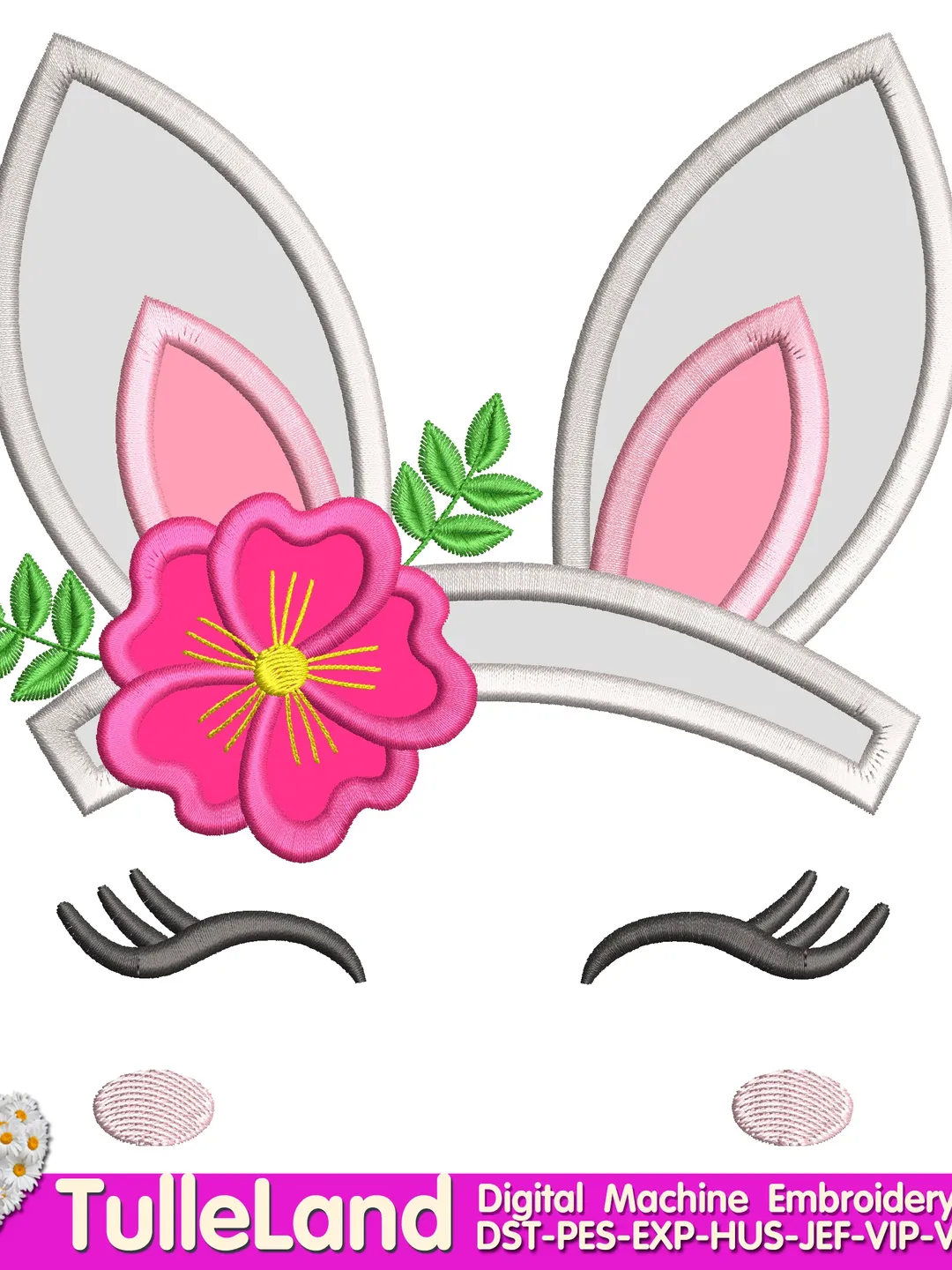 Easter Girly Bunny Face with Flowers Bunny Easter Outline Rabbit My 1st Easter Design applique for Machine Embroidery
