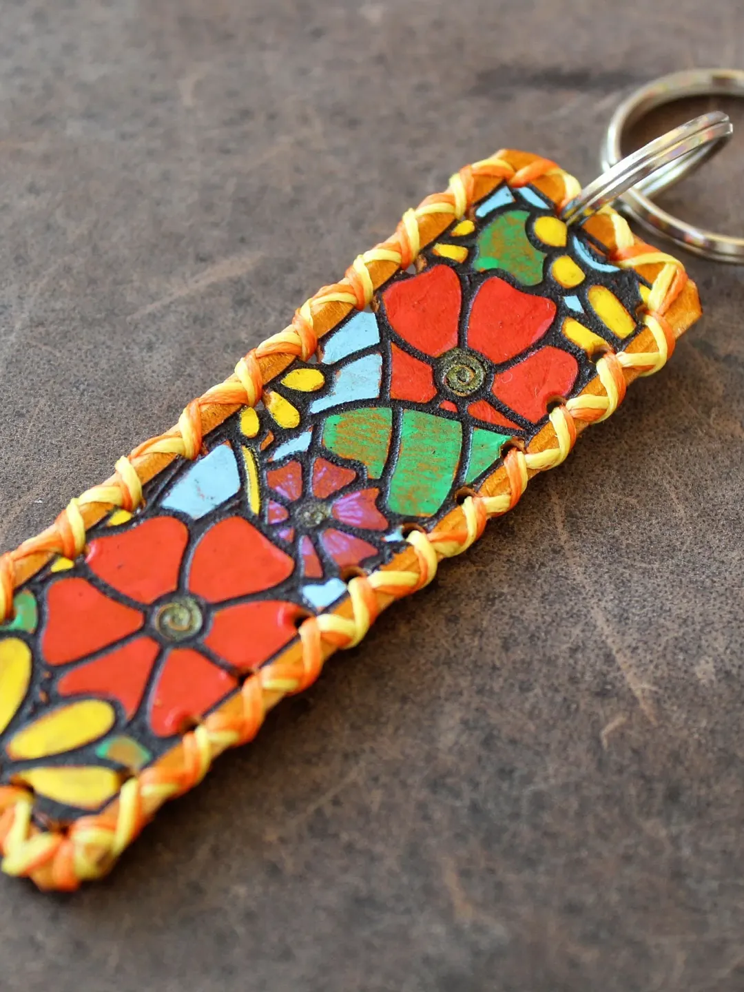 Yellow Floral Keychain, Hand Painted Leather Keyfob, Hand Stitched Keyring, Small Gift/Party/Wedding Favor, Personalize/Custom Text Keychain