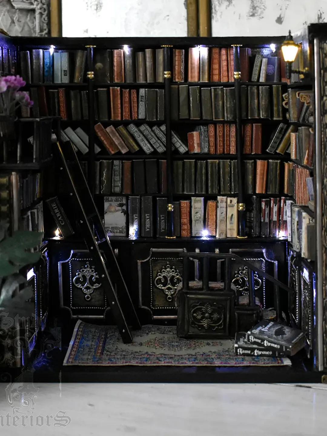 Book nook LIBRARY miniature on the bookshelf with light