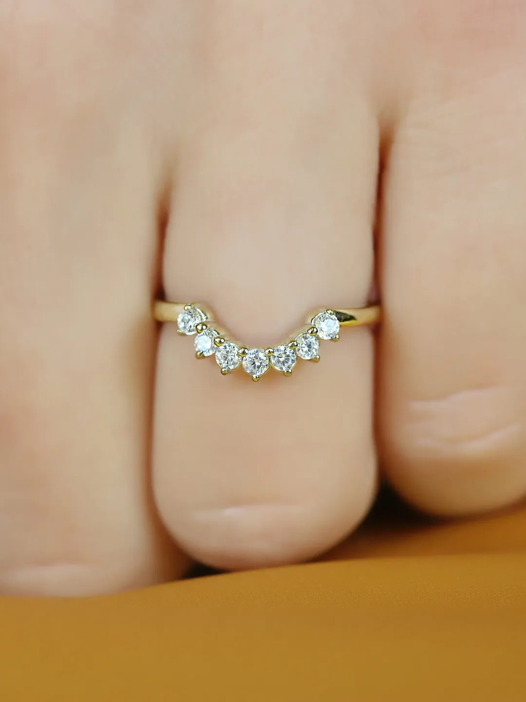 CURVED DIAMOND RING | Women Dainty Wedding Ring | 14k Solid Gold Curved Ring Band | Unique Gift For Her | Natural Diamond Wedding Ring