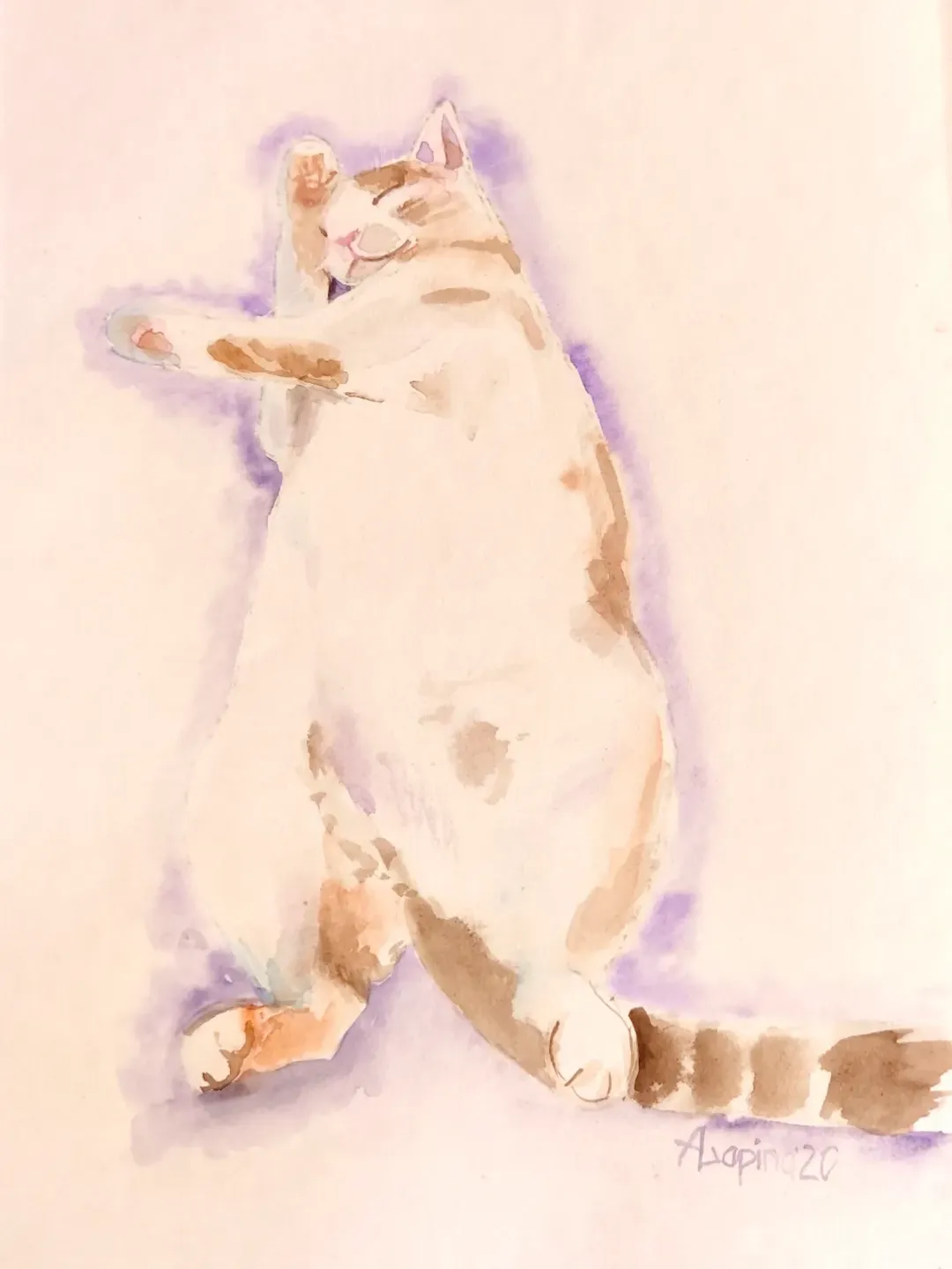 Cat painting original watercolor art pet portrait slipping cat Wight cat painting