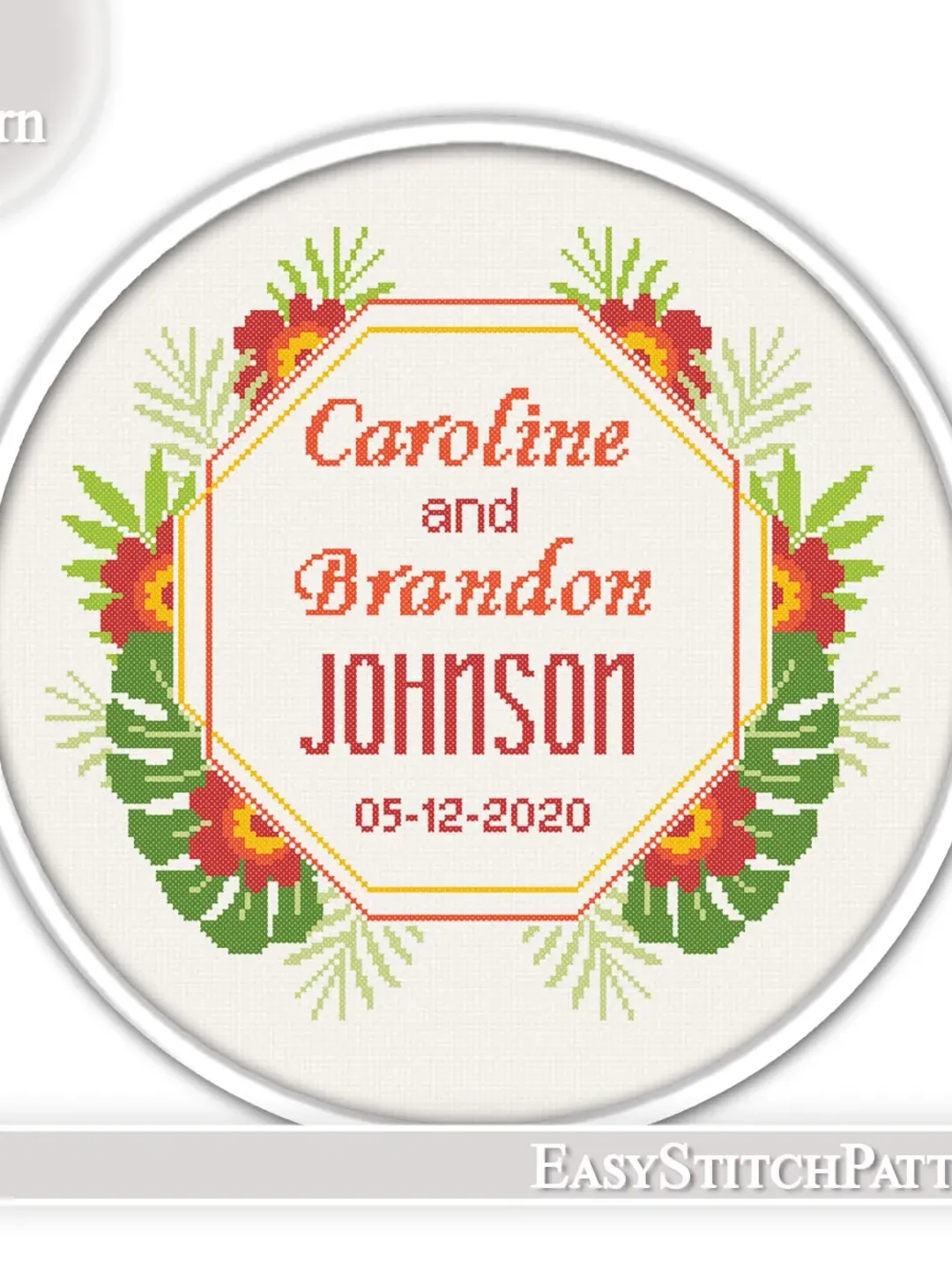 DIY. Wedding announcement cross stitch pattern. Flower frame cross stitch.