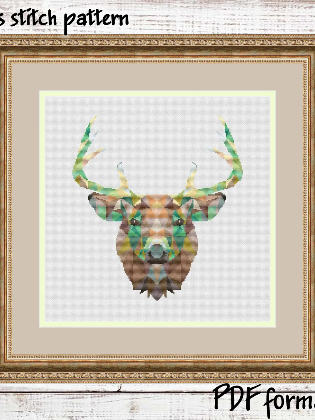 Geometric deer cross stitch pattern PDF, Polygonal animals Xstitch design