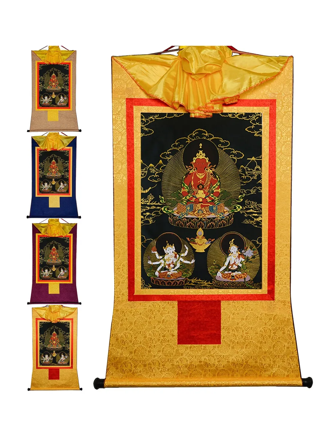 Thangka Tibetano Amitayus – Buddha Della Vita Infinita – Arazzo Sacro Con Stampa Dorata – Cornice In Seta E Broccato – 4 Misure E 5 Colori – Per Meditazione E Arredamento Zen
