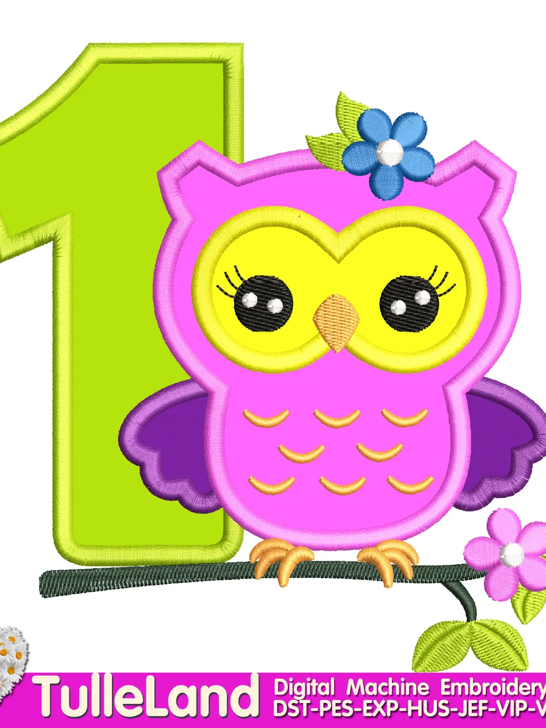Owl with number One Birthday for girl Design Applique for Machine Embroidery