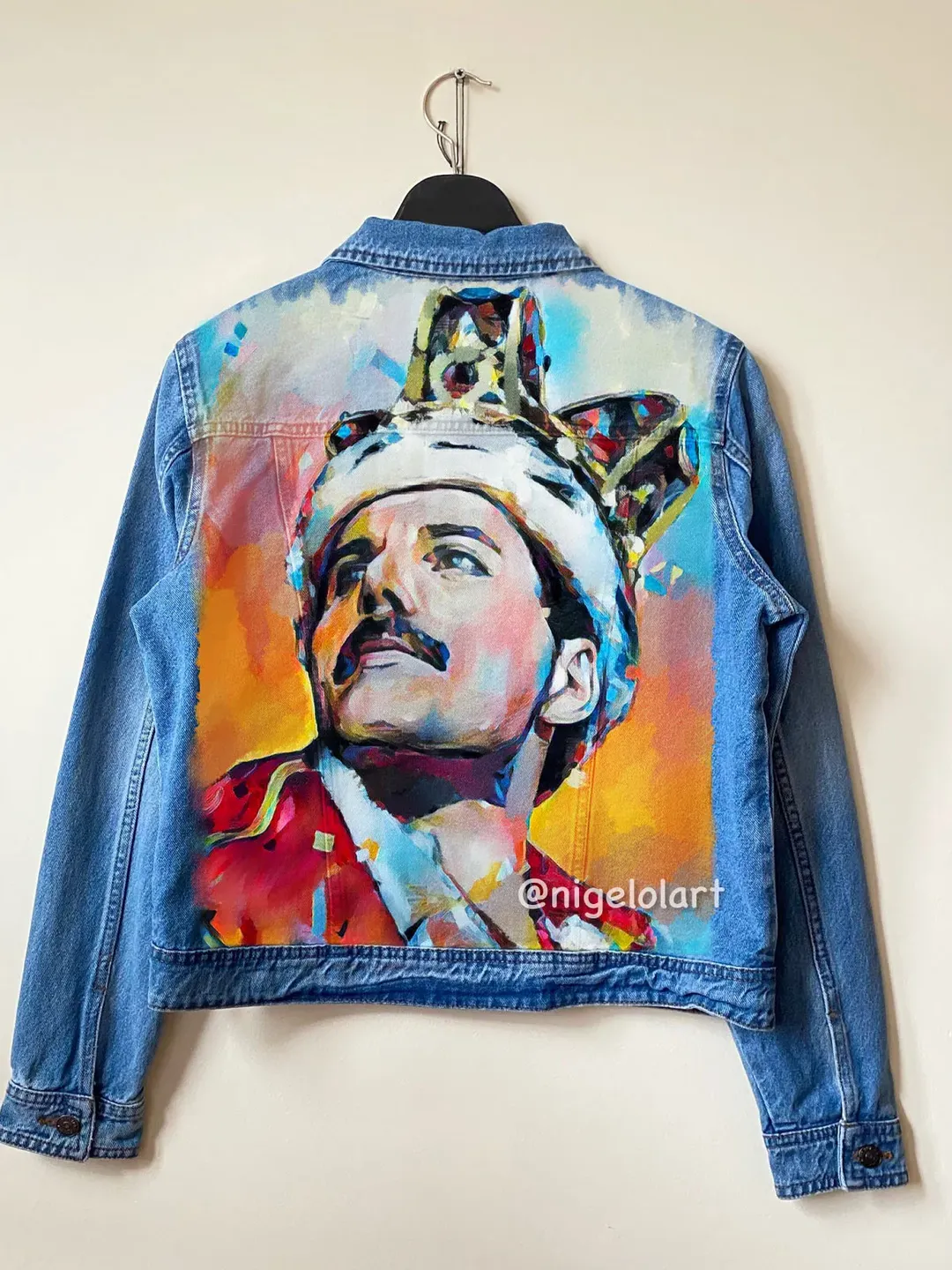 Painted denim jacket Queen Freddie Mercury Jeans jacket Portrait Personalized jacket designer jean jacket denim clothing