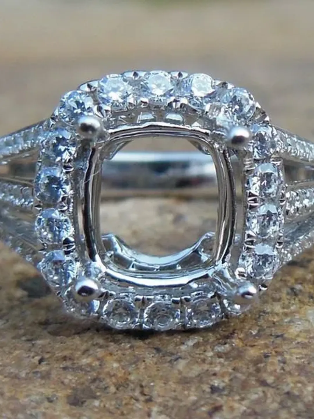 Solid 14K White Gold Cushion Cut 6x7MM Fashion Semi Mount Ring / Diamond Ring/Halo Engagement Ring