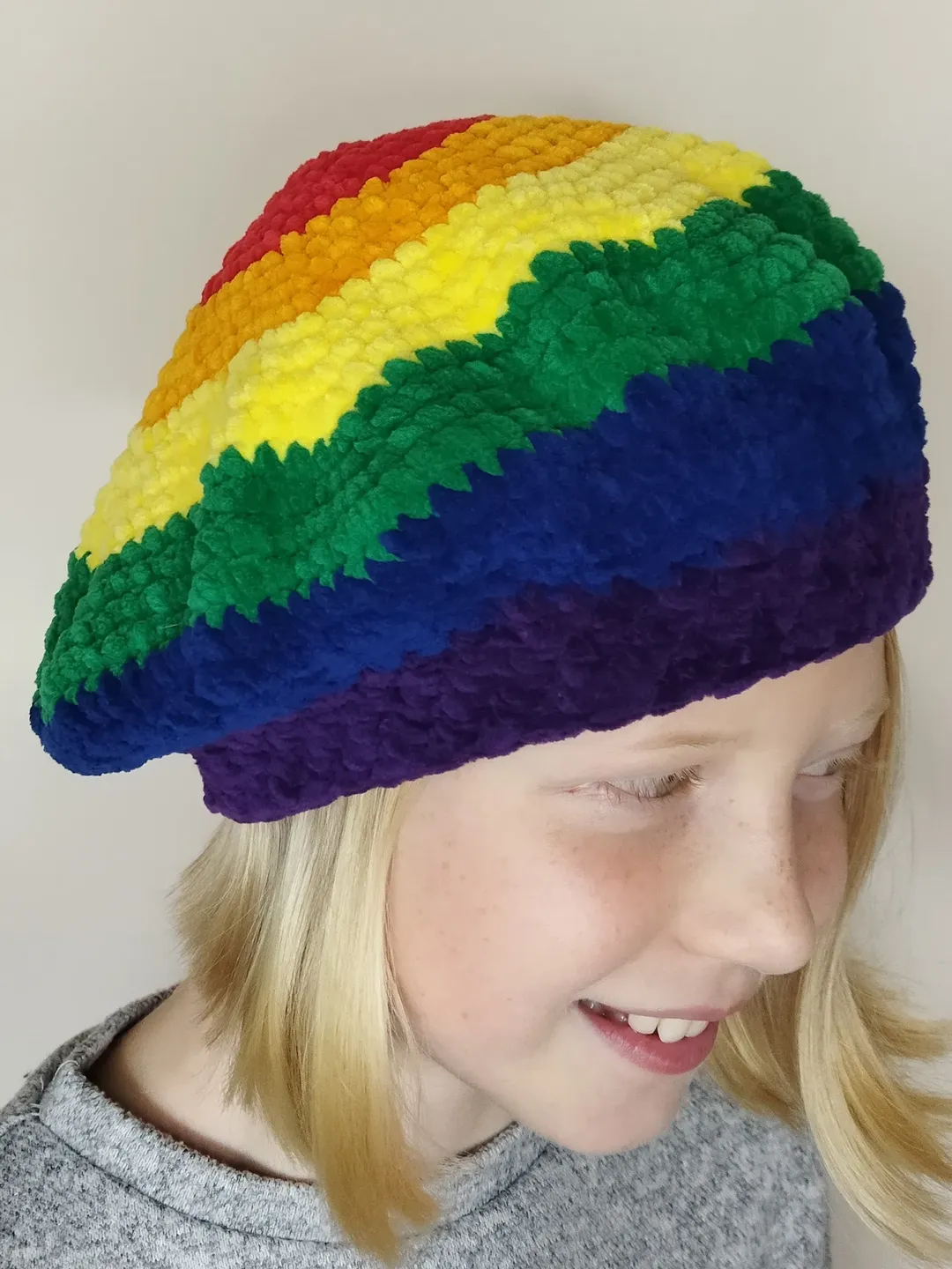 Rainbow beret hat crochet. French beret for teens. Lgbtq pride beret hat. Fluffy beret hat hand knit