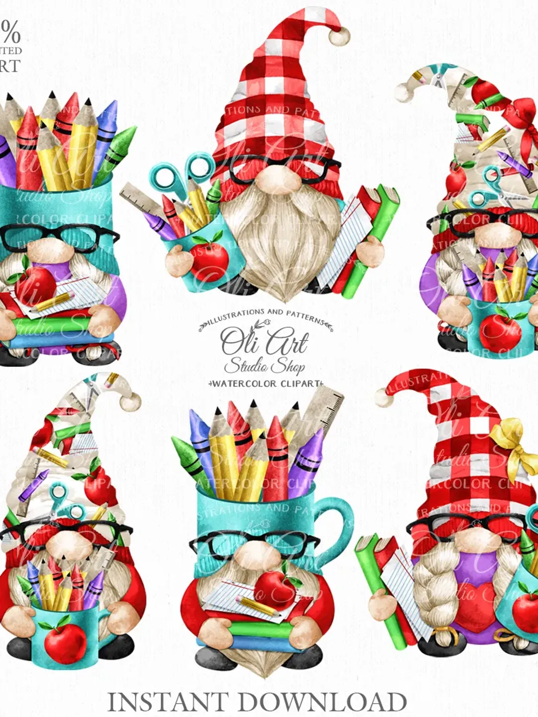 Teacher Gnome Clip Art. Cute Characters, Hand Drawn graphics. Digital Download. OliArtStudioShop