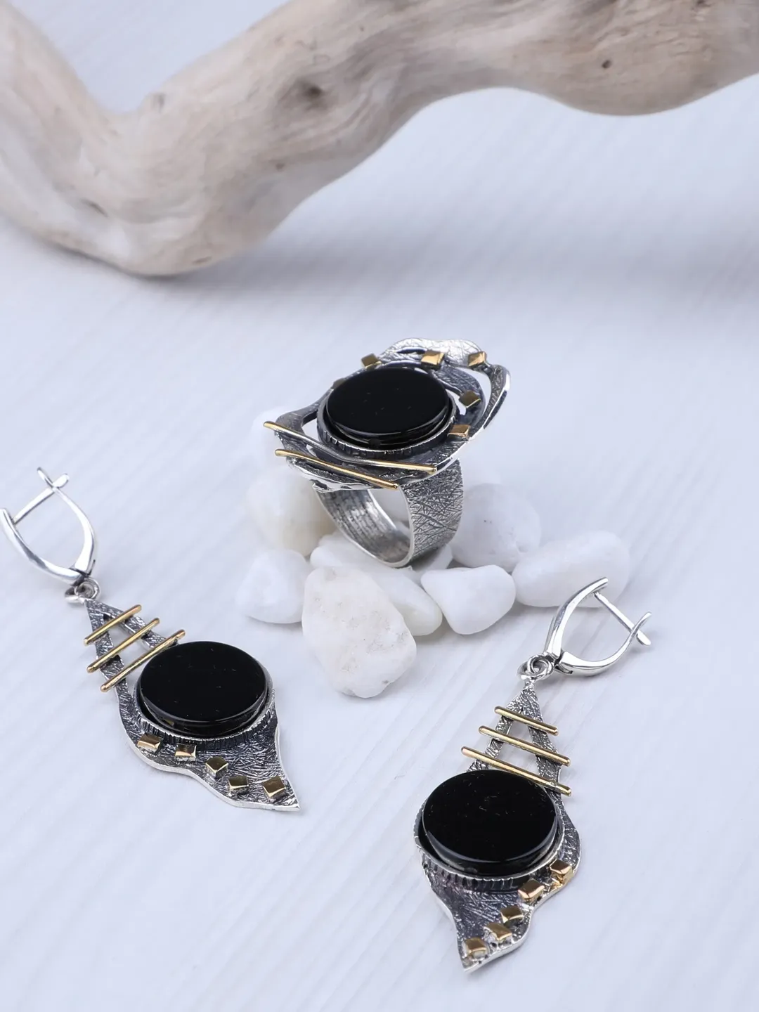 MADE TO ORDER Sterling 925 silver, black Onyx stone jewellery set. Unique women earrings and ring set.