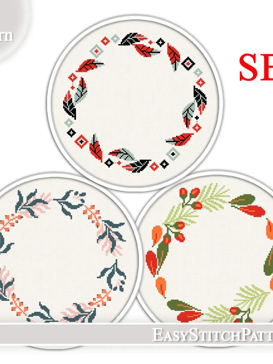 Wreath Cross Stitch Pattern. Floral border cross stitch pattern. Set of 3.