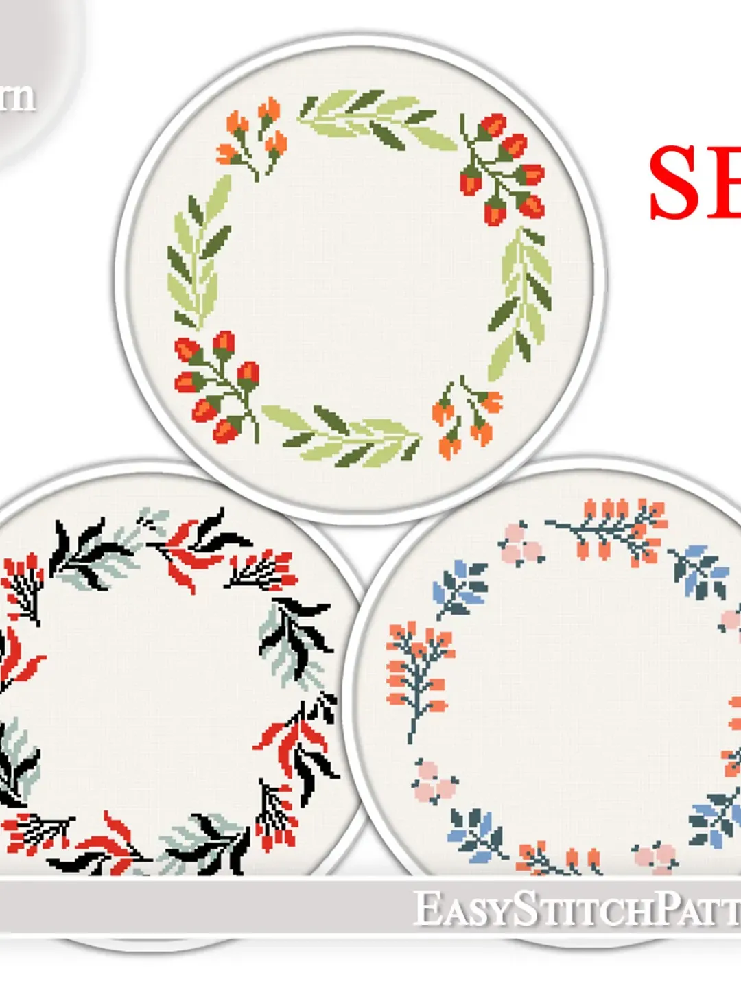 Floral Wreath cross stitch pattern. Set of 3. Flower frame cross stitch pattern.