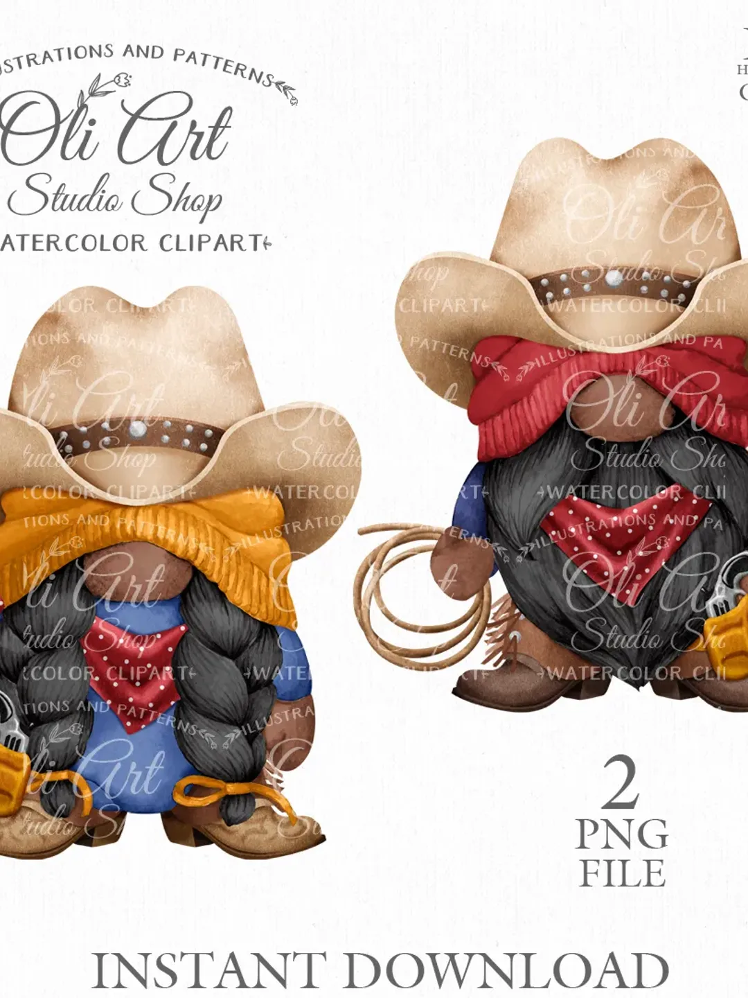 Cowboy Gnomes Clip Art, Cowboy Hat, Hand painted clipart, Instant Download. Digital Download. OliArtStudioShop