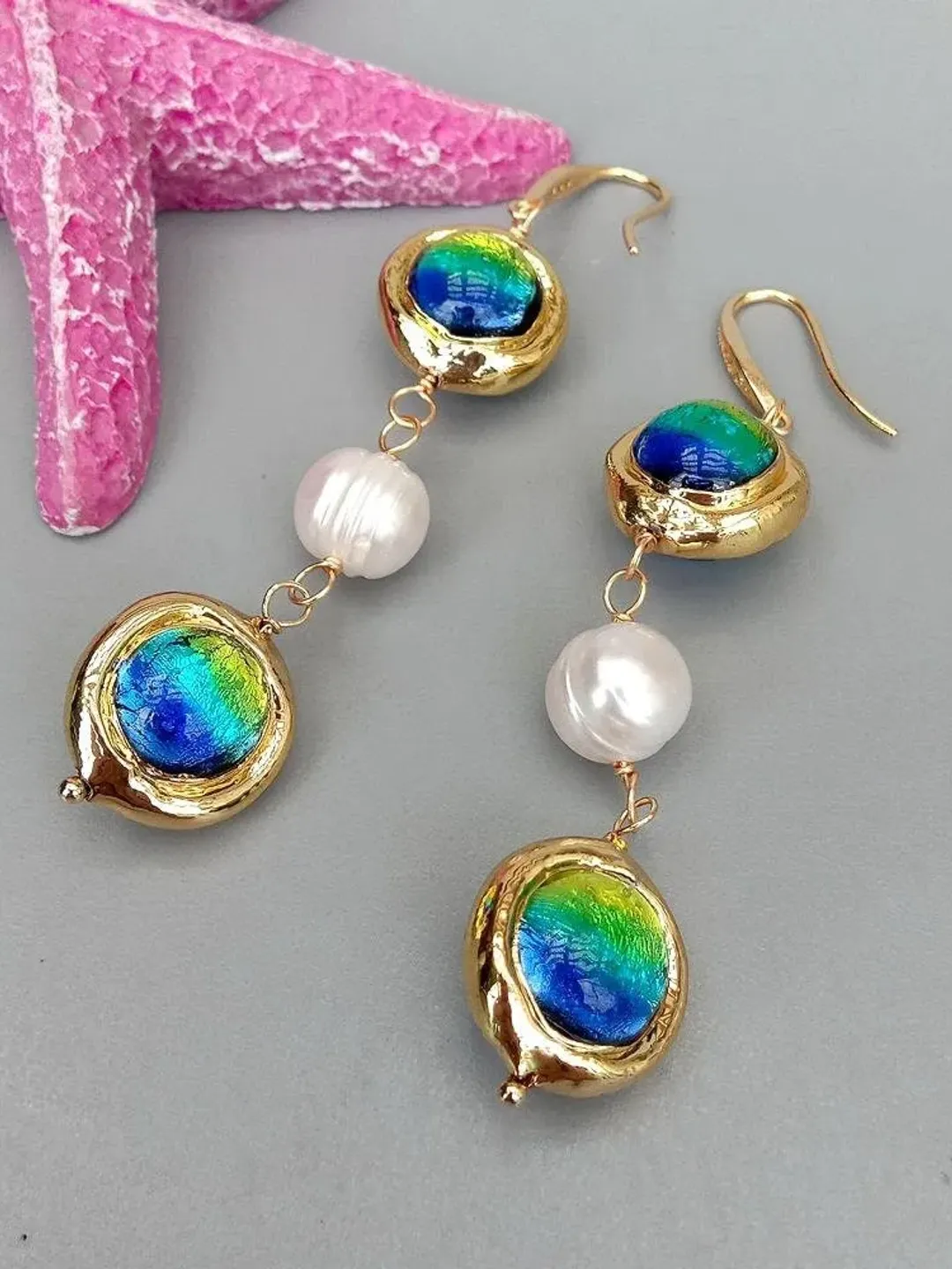 Glass Dangle Earrings with Pearls, Gold Glass Dangle Earrings, Glass Earrings, Gold Pearl Dangle Earrings, Gold Dangle Earrings, Bohemian