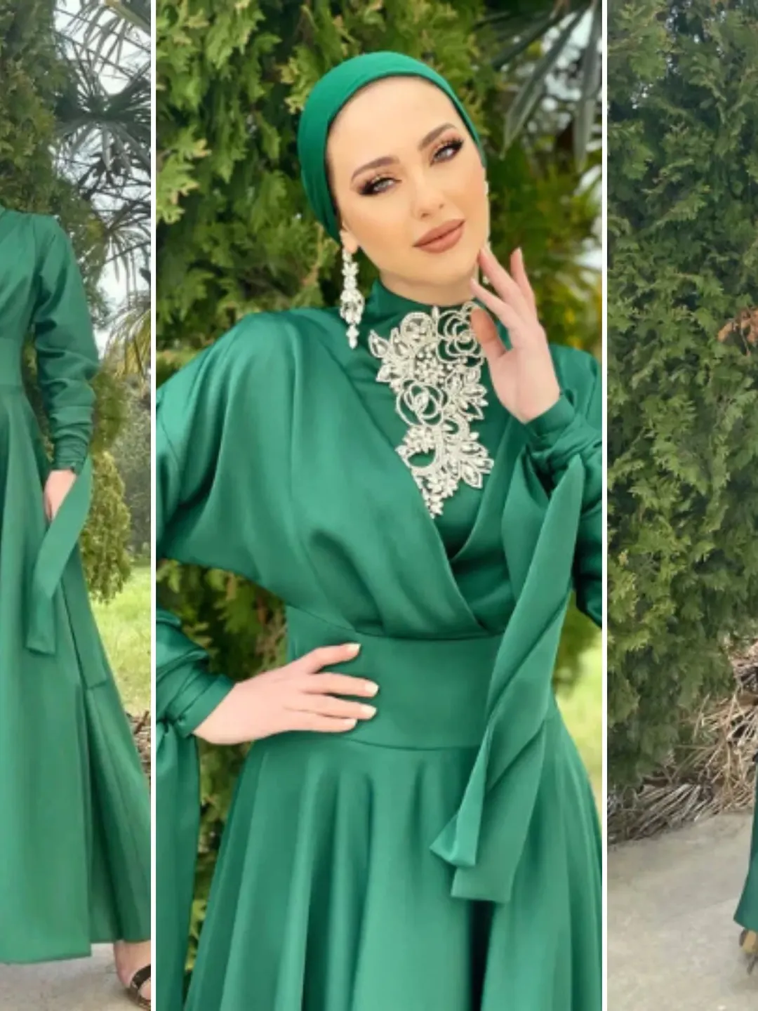 AHUNARE HIJAB - Berra Emerald Satin  Wedding Dress, Muslim Evening Gown, Nikah, Islamic Wedding, Engagement, Bridesmaid,
