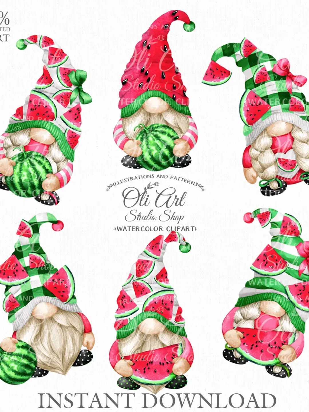 Gnomes & Watermelon Clipart. Cute Characters, Hand Drawn graphics, instant download. Digital Download. OliArtStudioShop