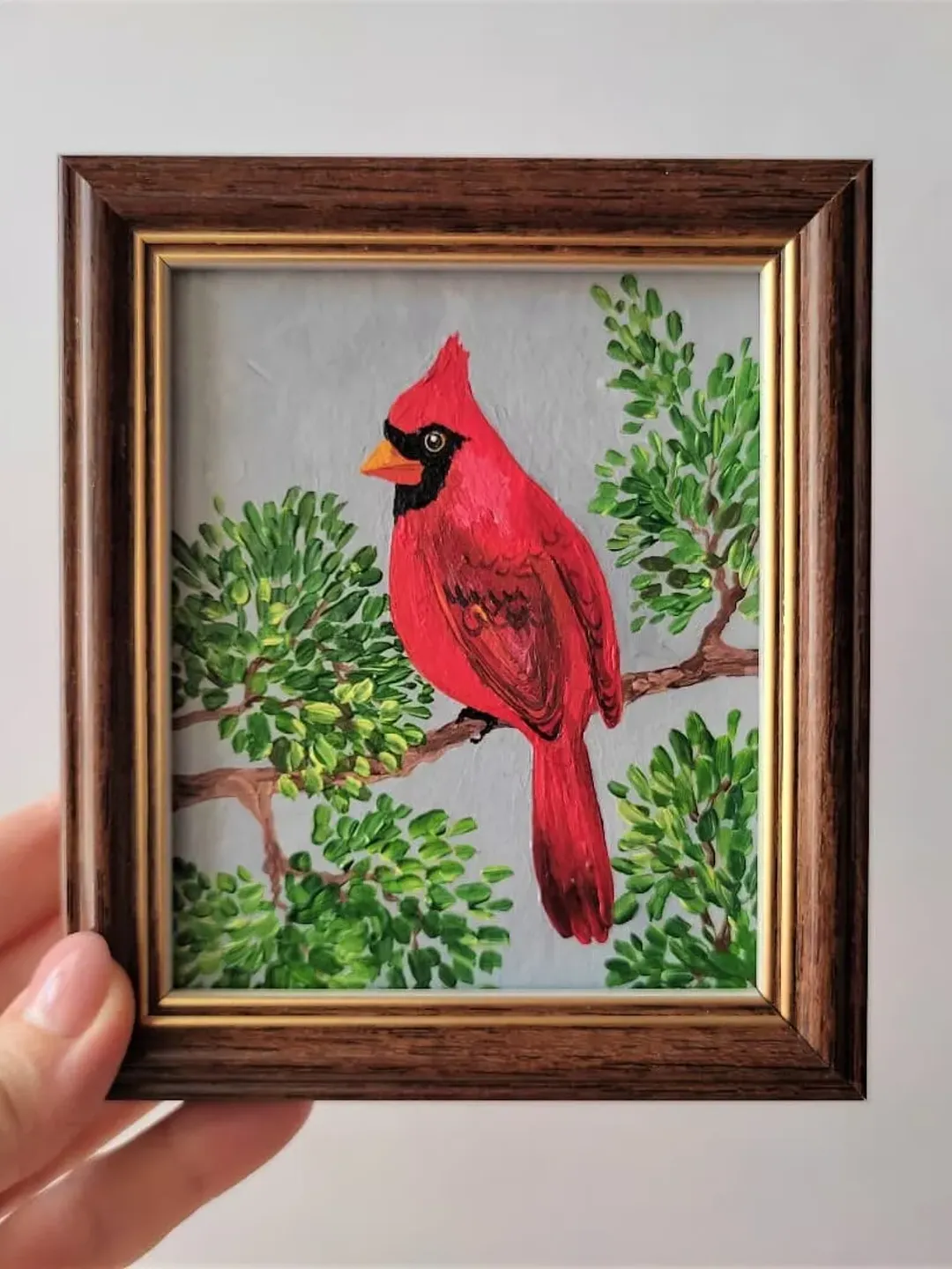 Red cardinal wall art impasto, Little bird painting, Small wall decor, Bird painting for sale