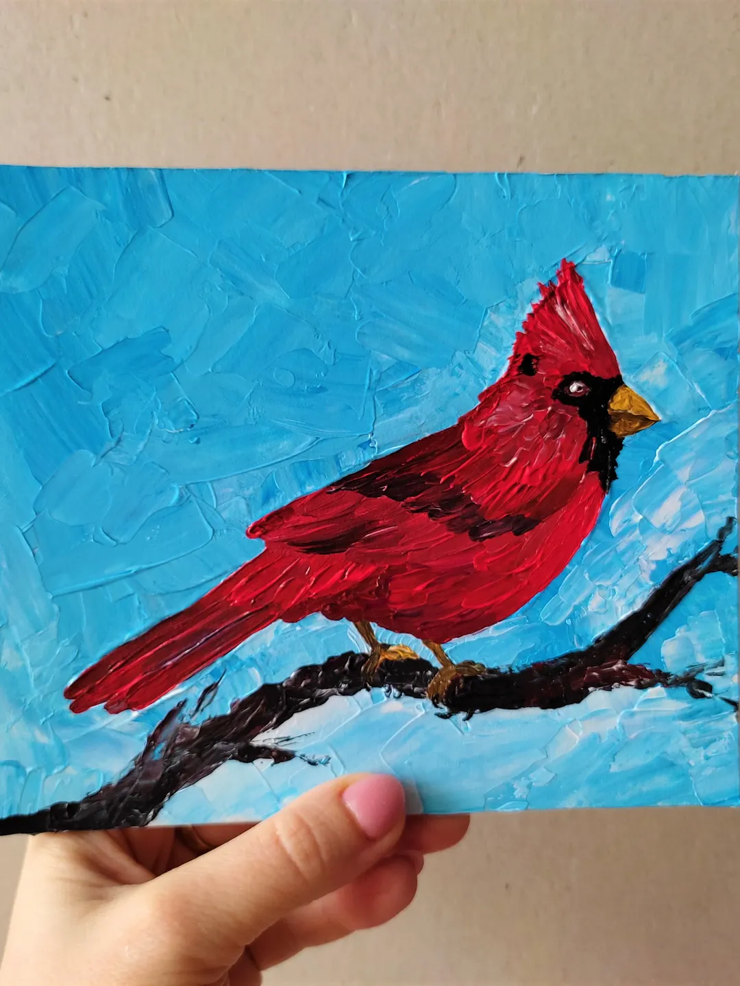 Bird painting Bird wall decor Bird impasto painting Red cardinal painting Bird artwork Red cardinal art