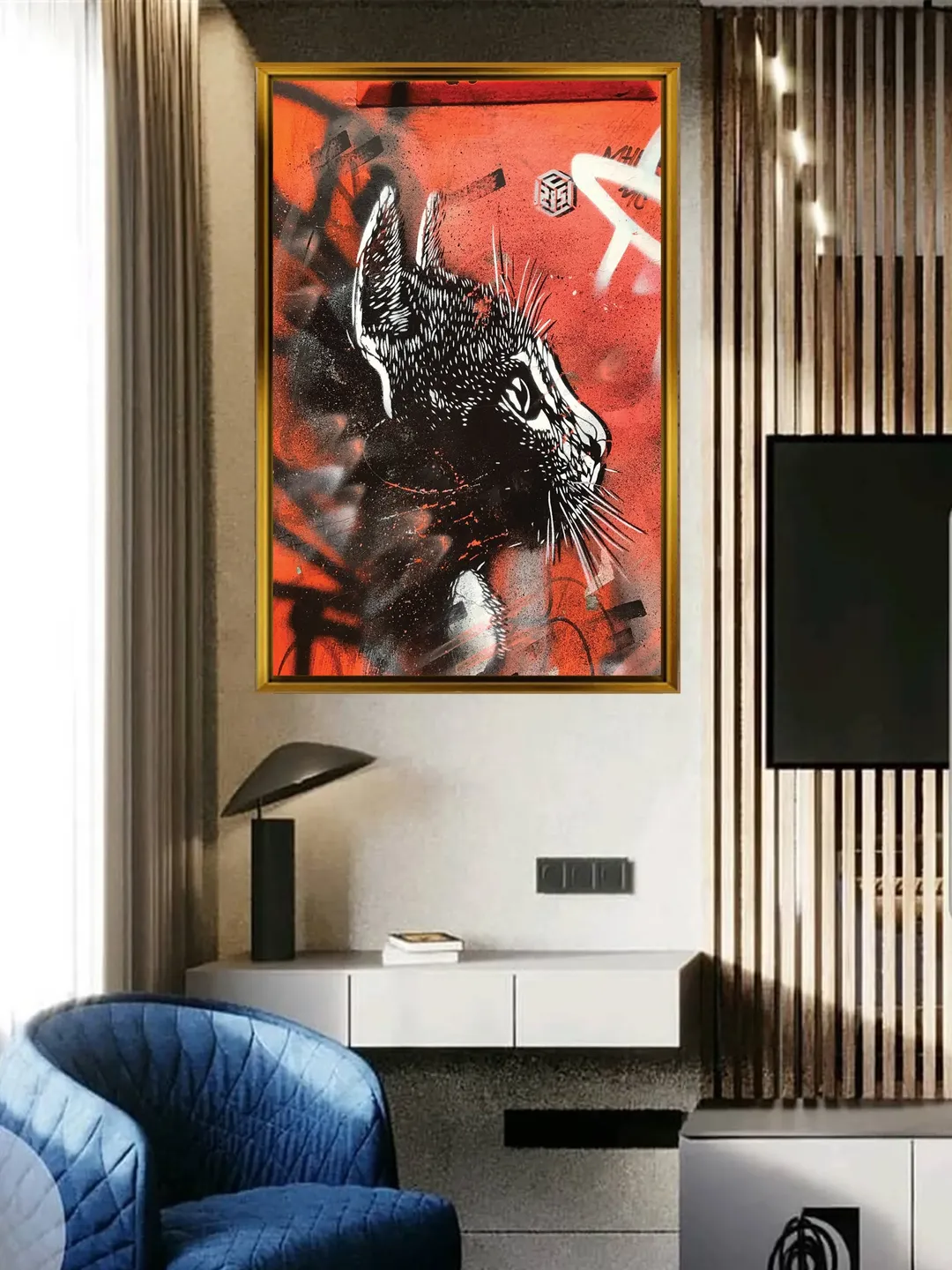 Cat Street Graffiti Print on Canvas , Floating Frame Option, Modern ...