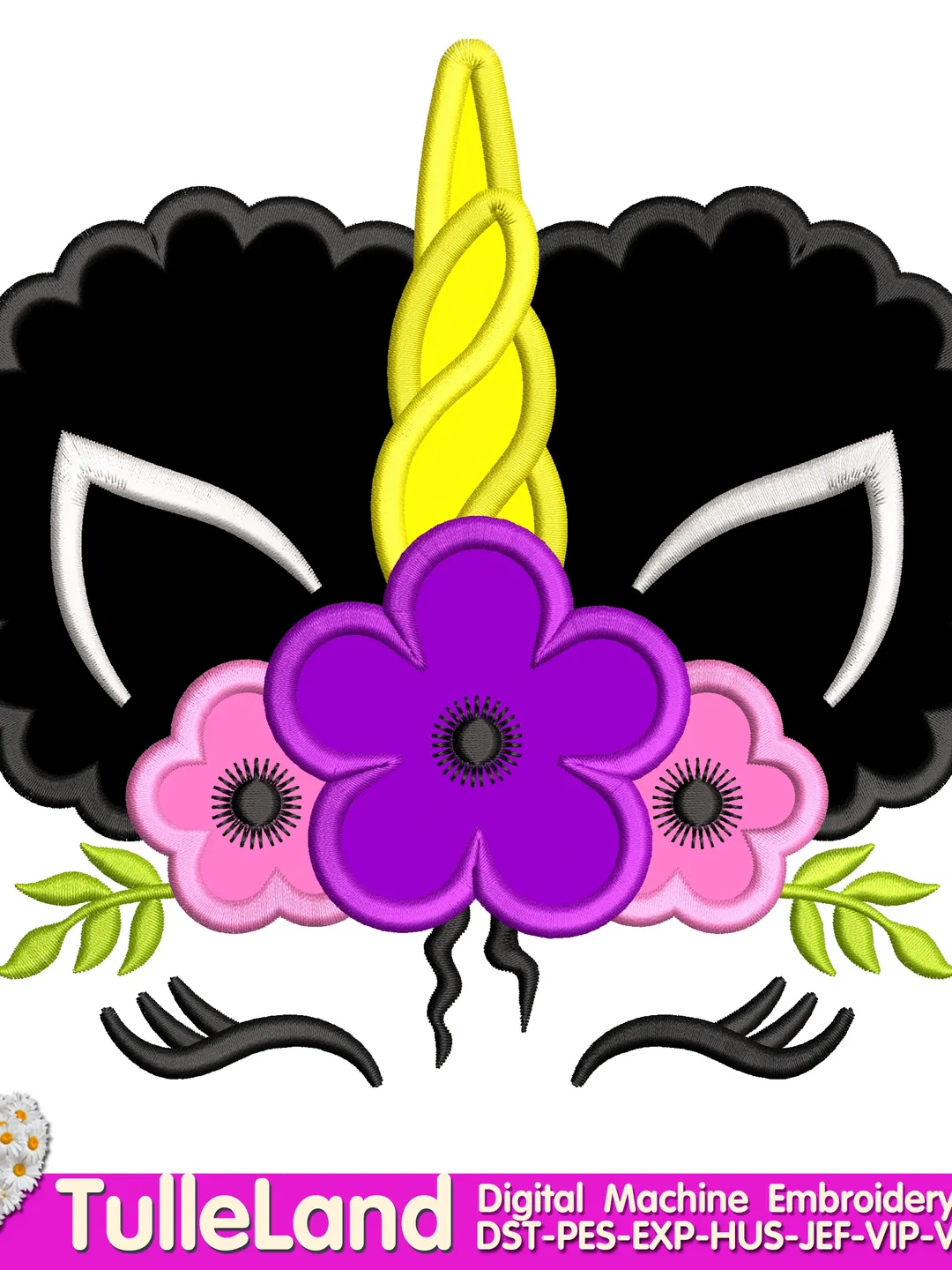 Birthday Unicorn face Afro Unicorn with Flowers Afro puffs girl Afro puffs baby Design Applique for Machine Embroidery