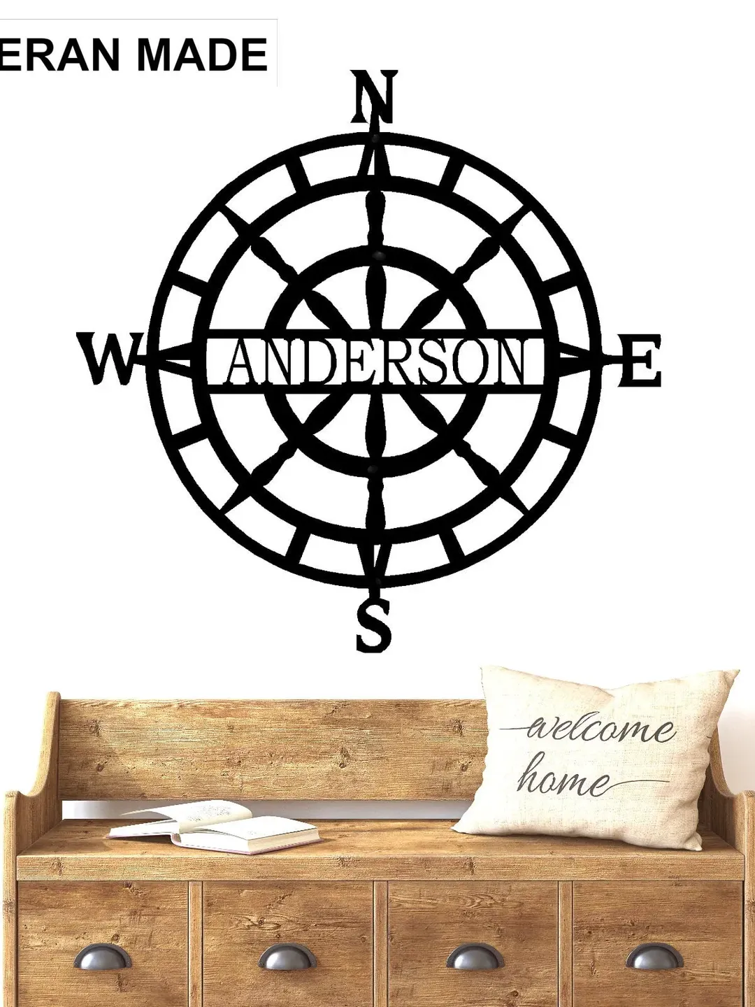 Compass Ship Wheel Personalized Name Sign, Custom Compass Lakehouse Decor, Nautical Decor, Porch Decor, Beach Lake house Decor