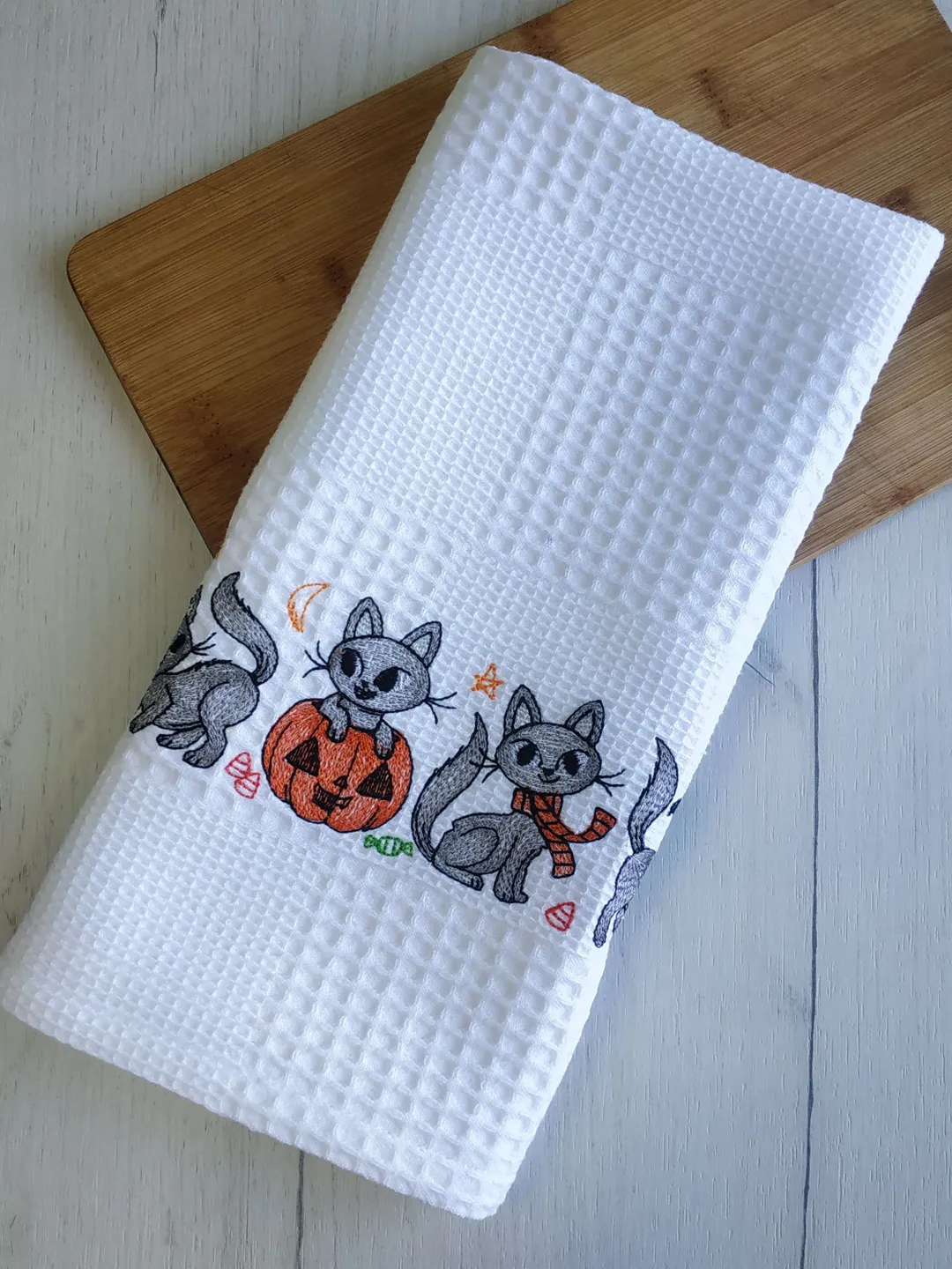 Halloween cats embroidered waffle towel, embroidered kitchen towels, hanging dish towel, halloween towel