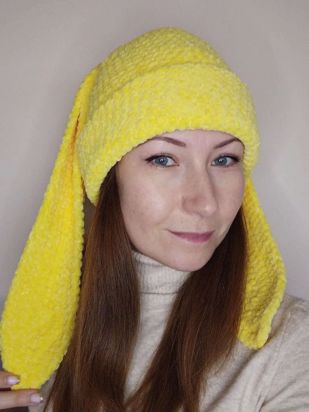 Yellow bunny beanie crochet. Fluffy bunny hat adult. Plush bunny beanie hand knit