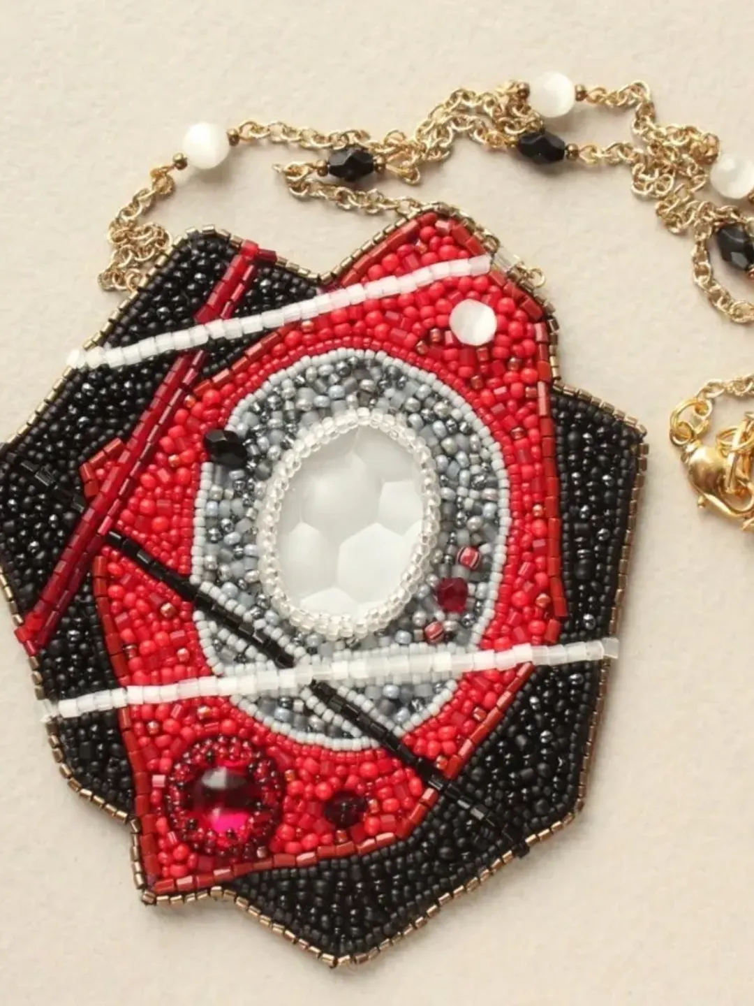 Abstract beaded pendant embroidered necklace modern seed bead jewelry abstraction