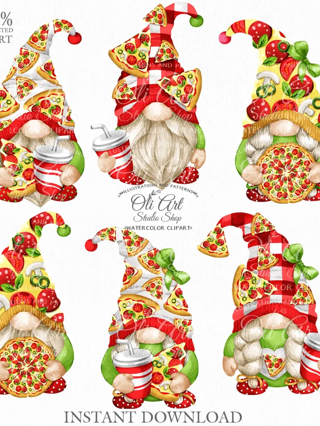 Gnome & Pizza Clip Art. Cute Characters, Hand Drawn graphics. Digital Download. OliArtStudioShop