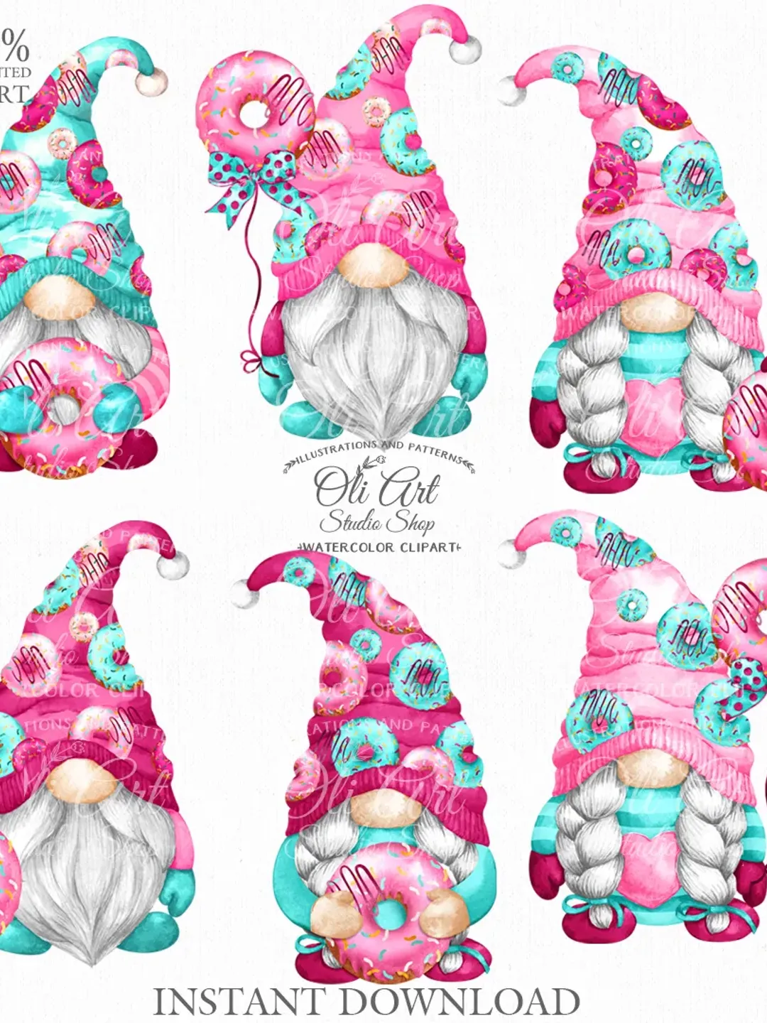 Donut Gnome Clip Art. Cute Characters, Hand Drawn graphics. Digital Download. OliArtStudioShop