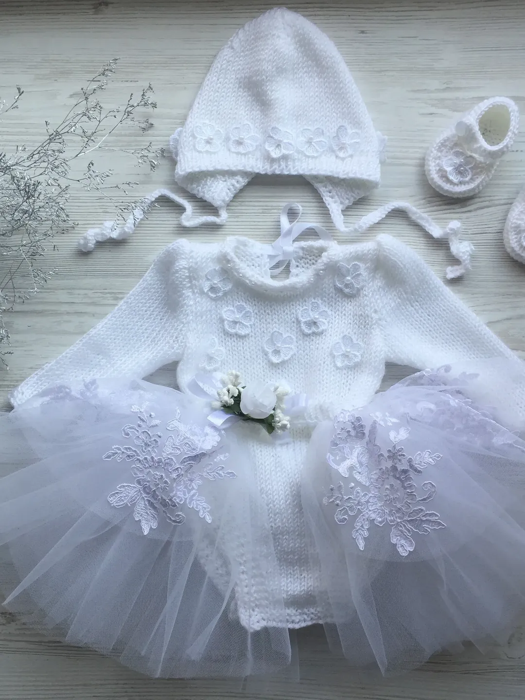Hand made knit clothing set for baby girl. Romper, tutu with lace and flowers, hat and booties. Take home outfit for girl. Baptism gown.