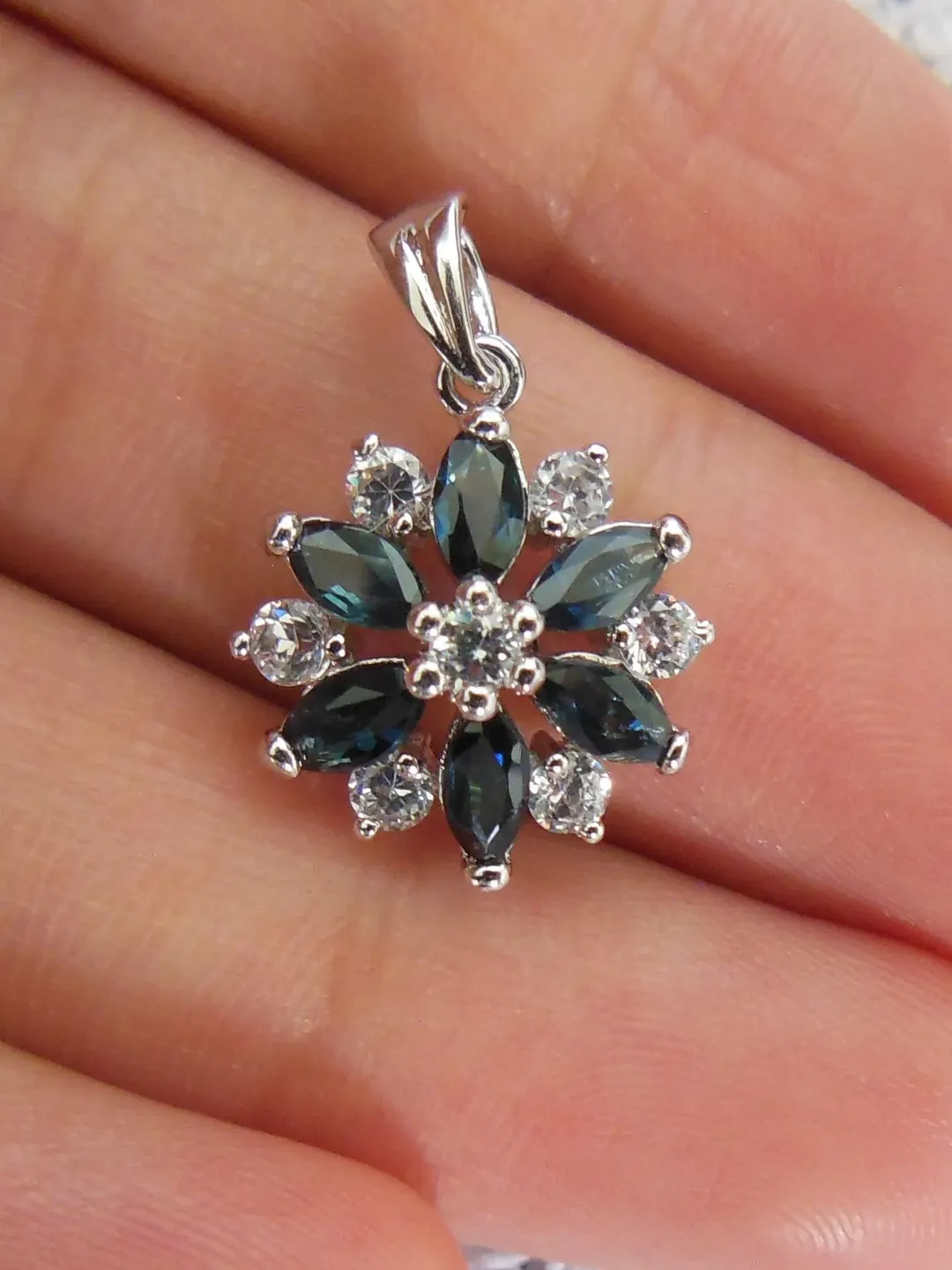 Solid 14K White Gold Pendant, Dark Blue Sapphire Marquises Pendant,Necklace for Her