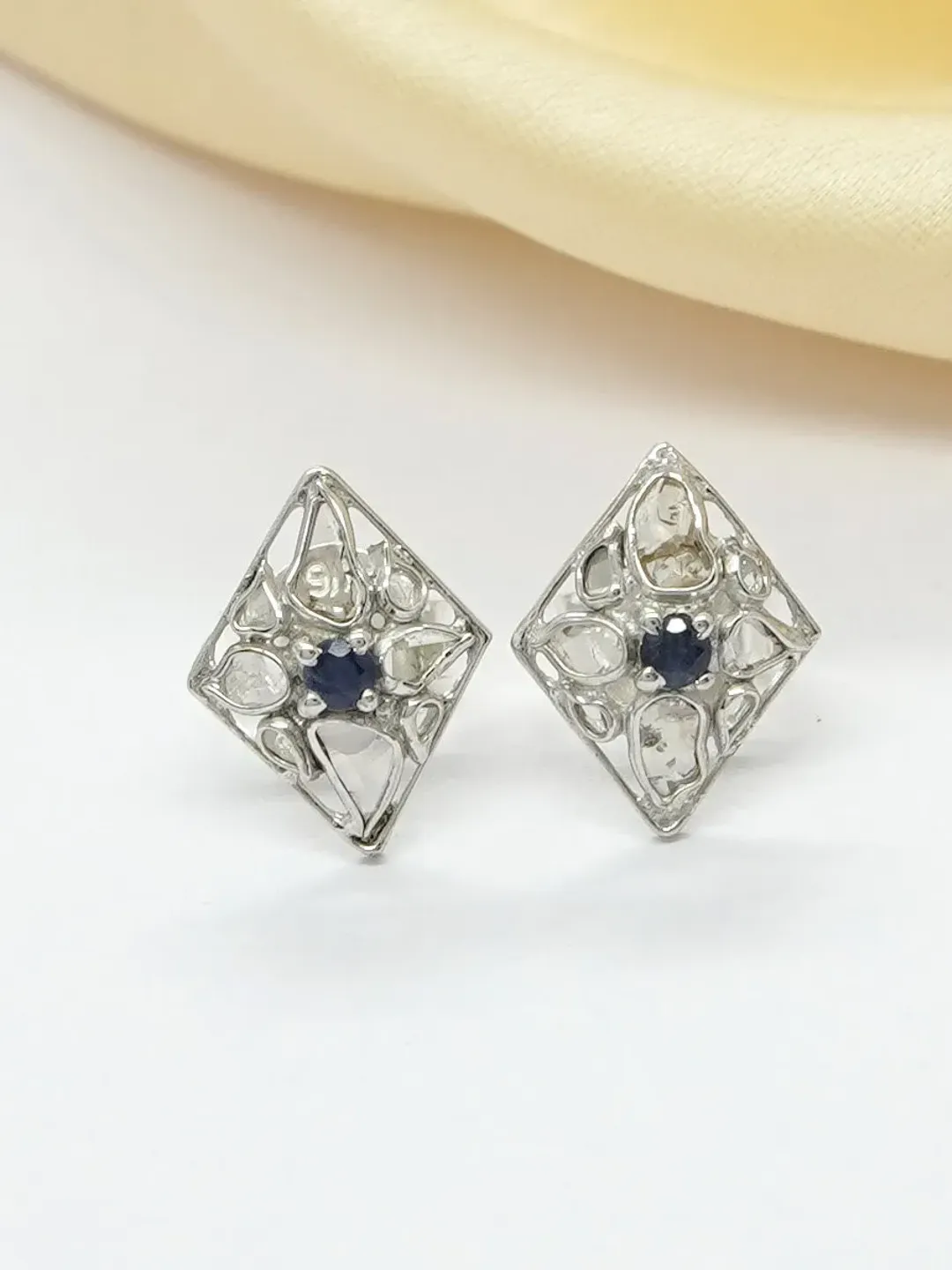 Natural Blue Sapphire Studs, Polki Diamond Studs, Minimalist Studs, Polki Earrings, Art Deco Earrings, 925 Sterling Silver Studs