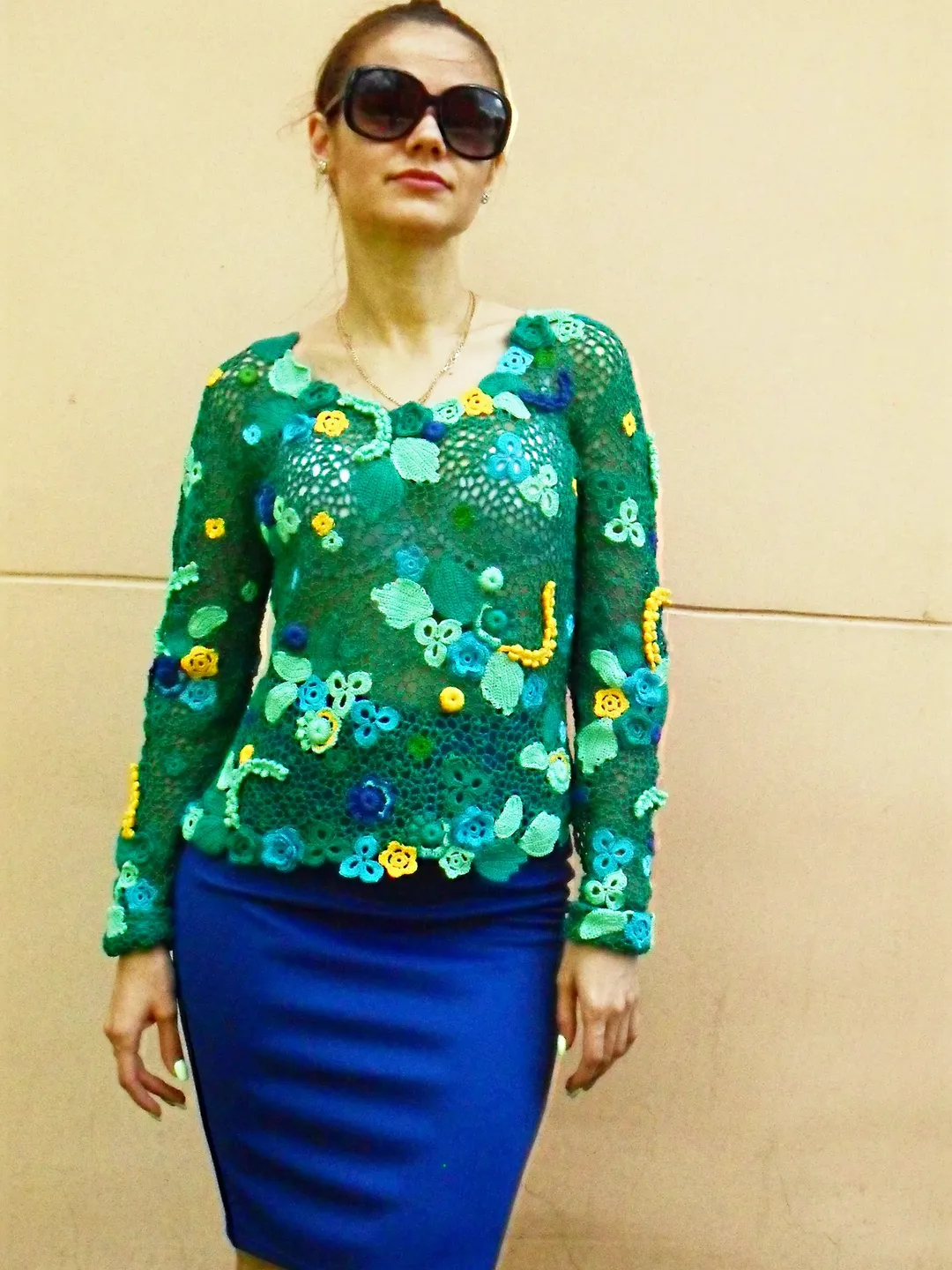 Irish Crocheted sweater. Knitted openwork jumper.