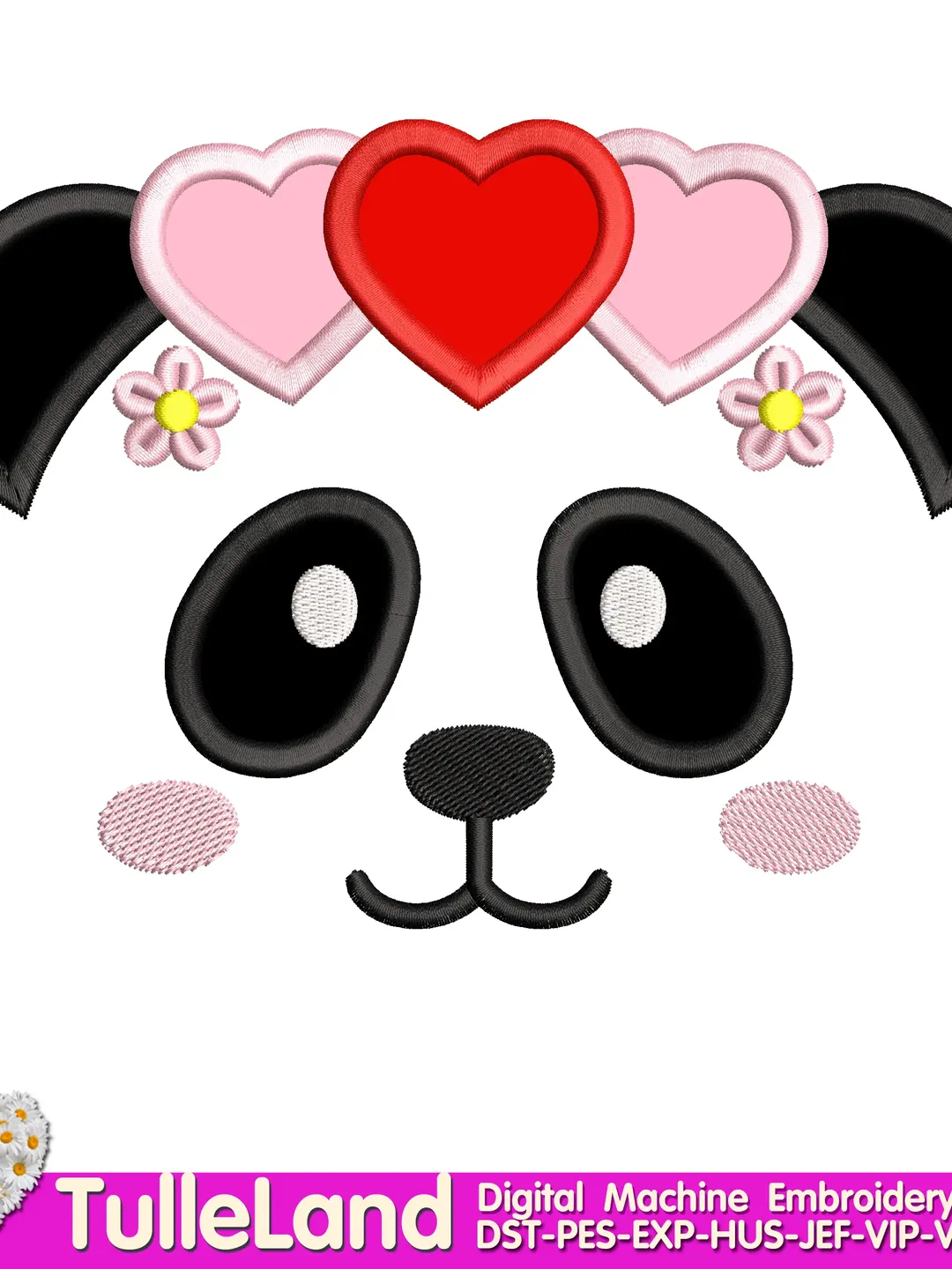 Valentine Panda Face with heart Design applique for Machine Embroidery