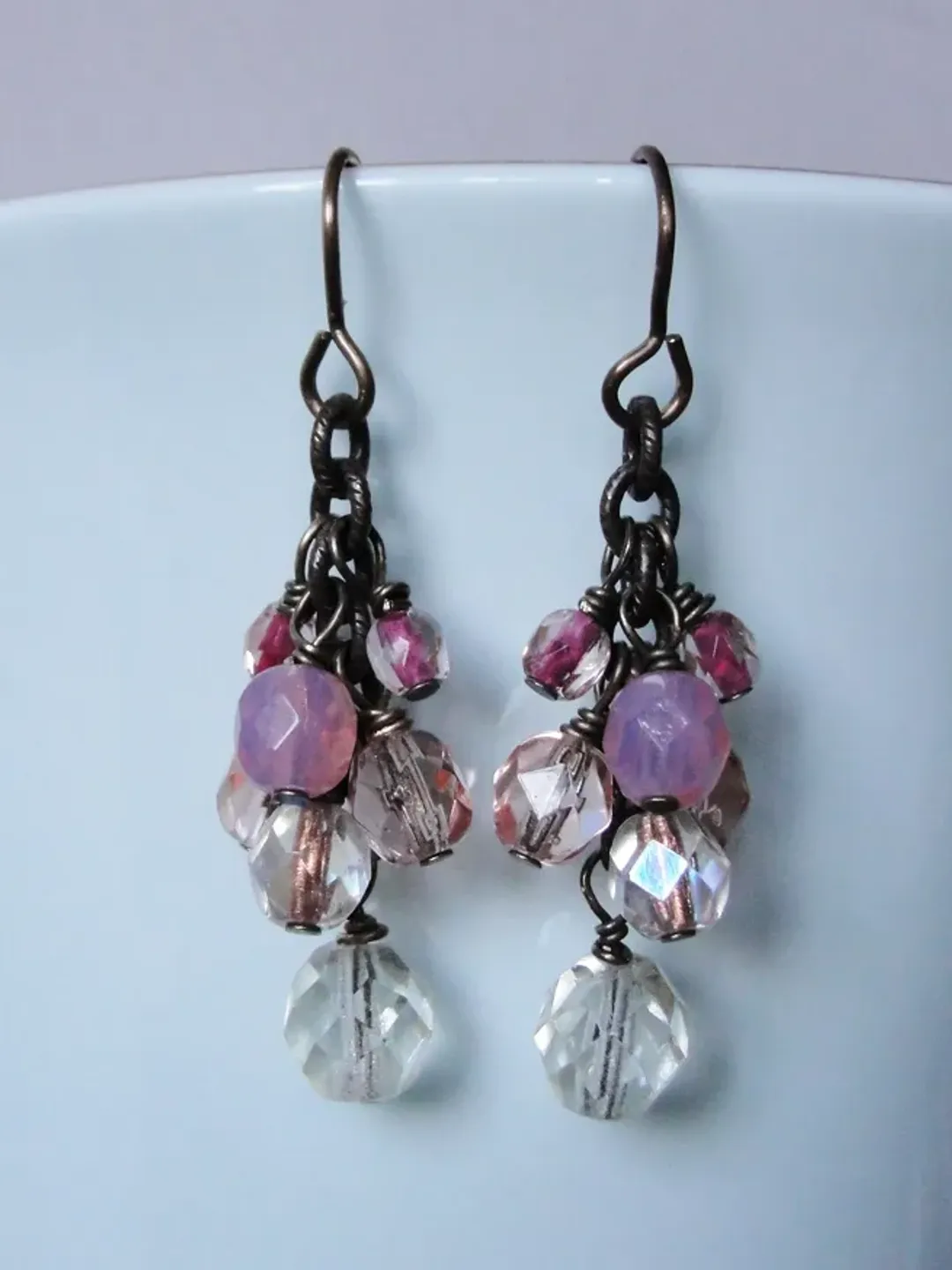 Solid and natural brass Boho Shabby chic with Czech glass beads earrings with chain.