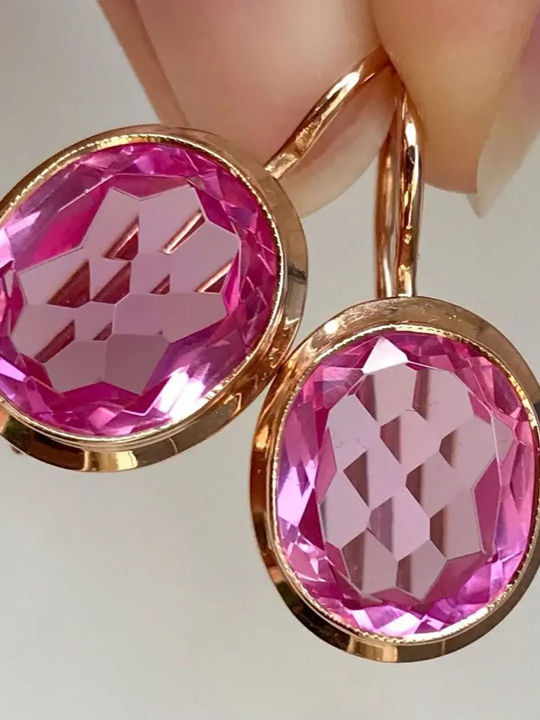 Rare Original 14K Earrings Rose Stone  Vintage Russian Russia Soviet USSR Solid 14K 583 Rose Pink Gold Ruby EARRINGS main image 0
