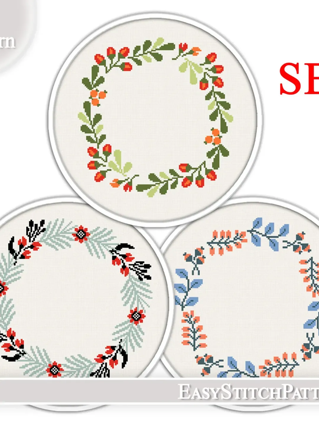 Floral Wreath Cross Stitch Pattern. Floral border cross stitch pattern. Set of 3.