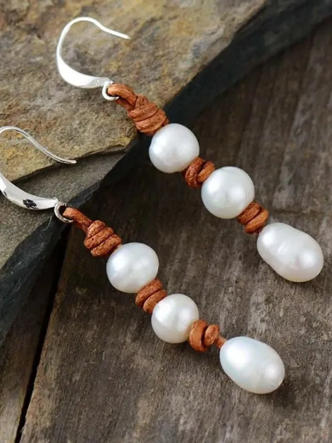 Pearl Long Tassel Drop Earrings, Freshwater Pearl Dangle Earrings, Brown Leather Rope Earrings, Pearl Drop Dangle Boho Hook Earrings