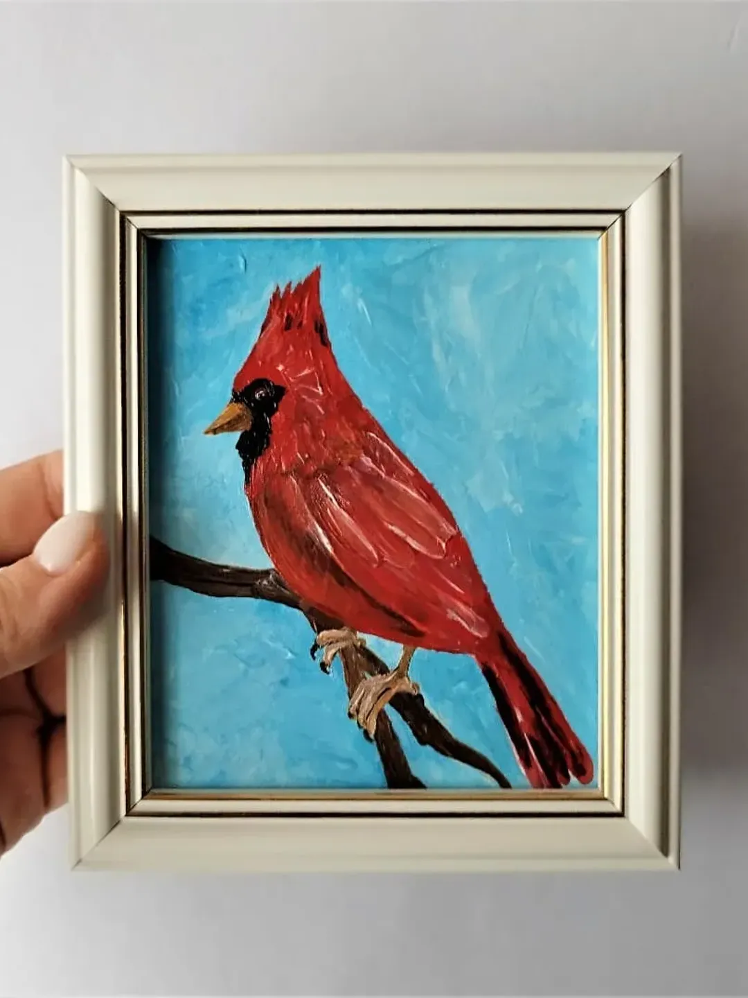 Bird red cardinal wall art impasto, Bird painting for sale small wall decor, Red cardinal little bird framed