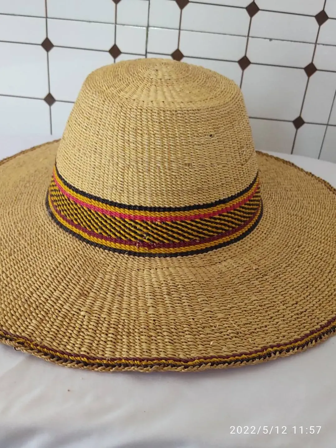 Wide brim  straw hat with leather strap, Straw Cowboy hat, Cowgirl straw hat, Straw sun hat