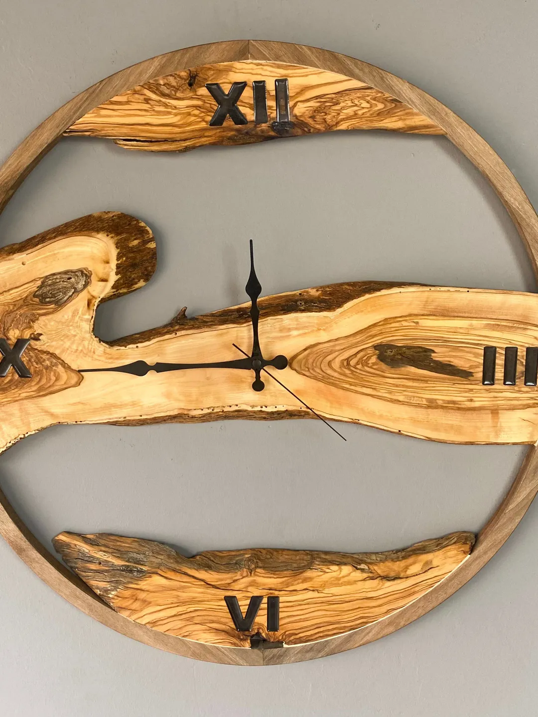 Unique Custom Made Olive Wood Wall Clock with Wooden Frame, Live Edge ...