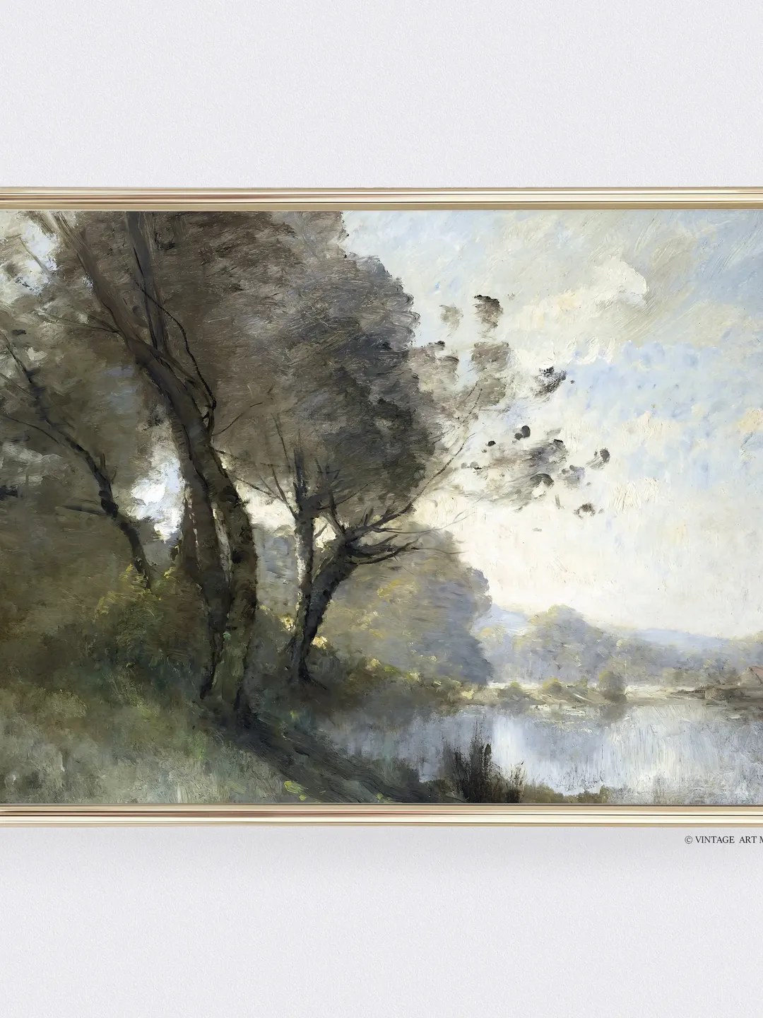 Muted Green Landscape Vintage Art Print, Riverside Antique Painting, Printable Decor, Downloadable | 383